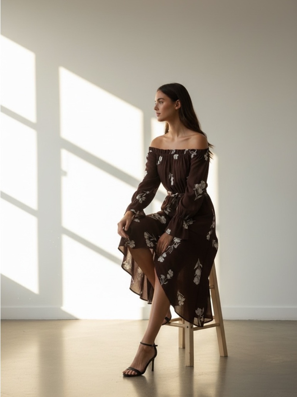 Dress Forum One-Shoulder Brown Floral Midi Dress - Picture 2 of 4